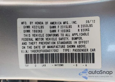 2013 Honda Accord Ex-L из США, поврежденный, VIN 1HGCR2F8XDA017062